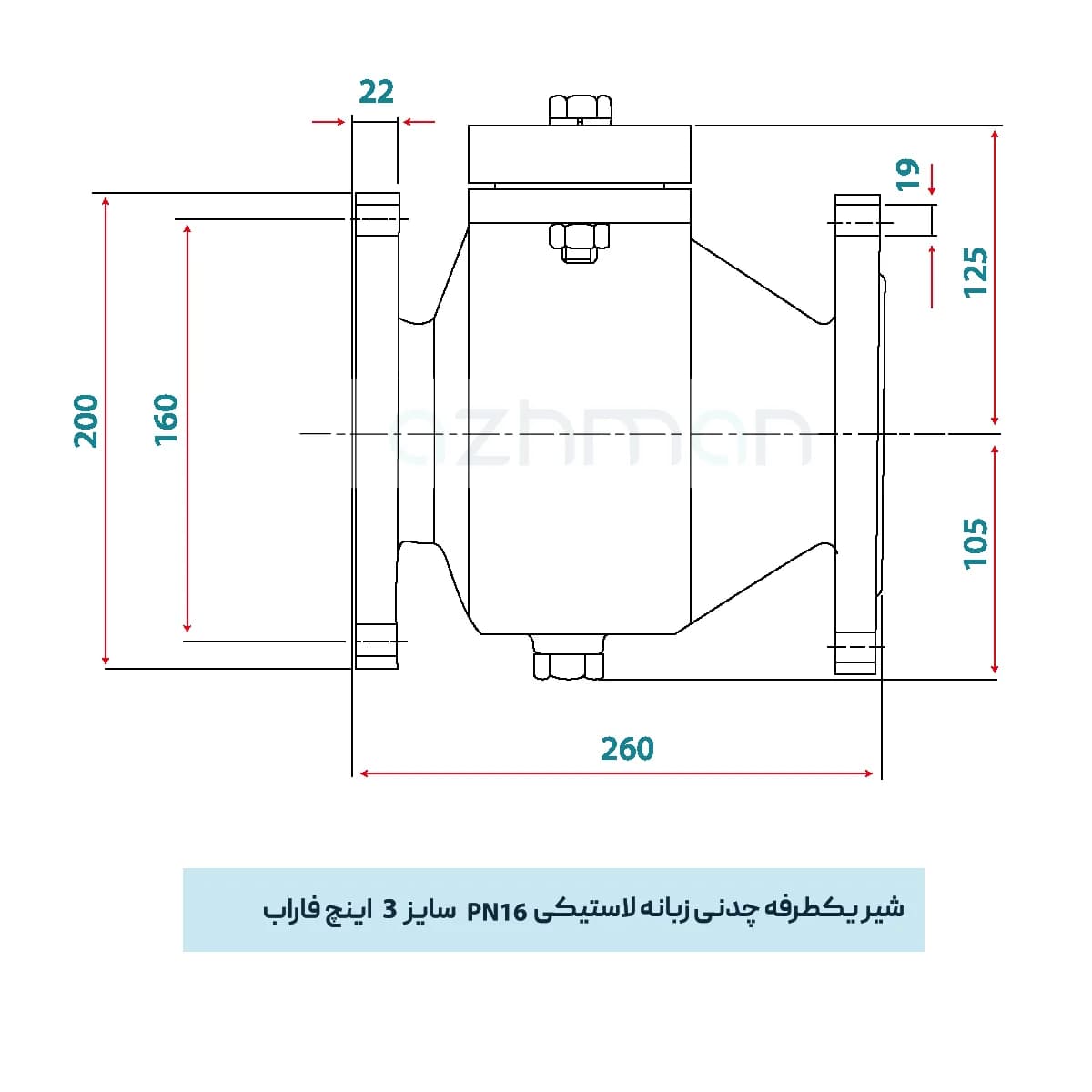 شیر یکطرفه زبانه لاستیکی 3 اینچ PN16 چدنی فاراب — تصویر ۴