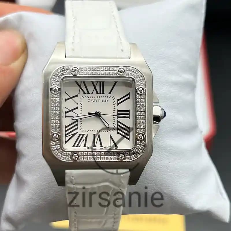 ساعت مچی زنانه کارتیر سانتوز بند چرم سیلور سفید Cartier Santoz Leather Strap Silver White — تصویر ۱۰