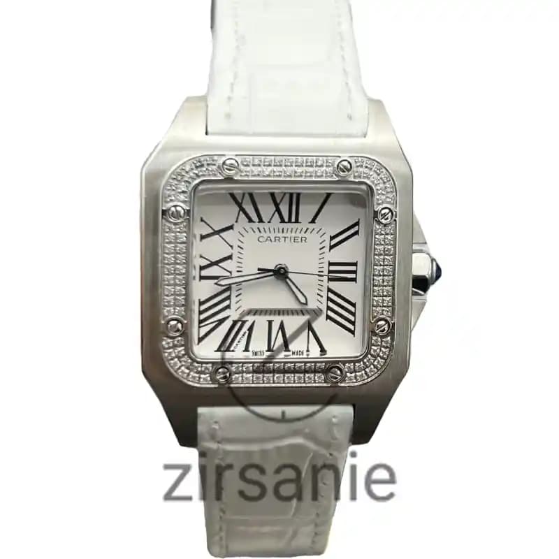 ساعت مچی زنانه کارتیر سانتوز بند چرم سیلور سفید Cartier Santoz Leather Strap Silver White — تصویر ۹