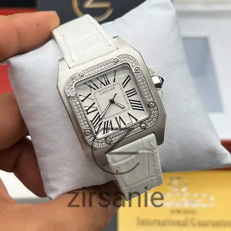 ساعت مچی زنانه کارتیر سانتوز بند چرم سیلور سفید Cartier Santoz Leather Strap Silver White — تصویر ۶