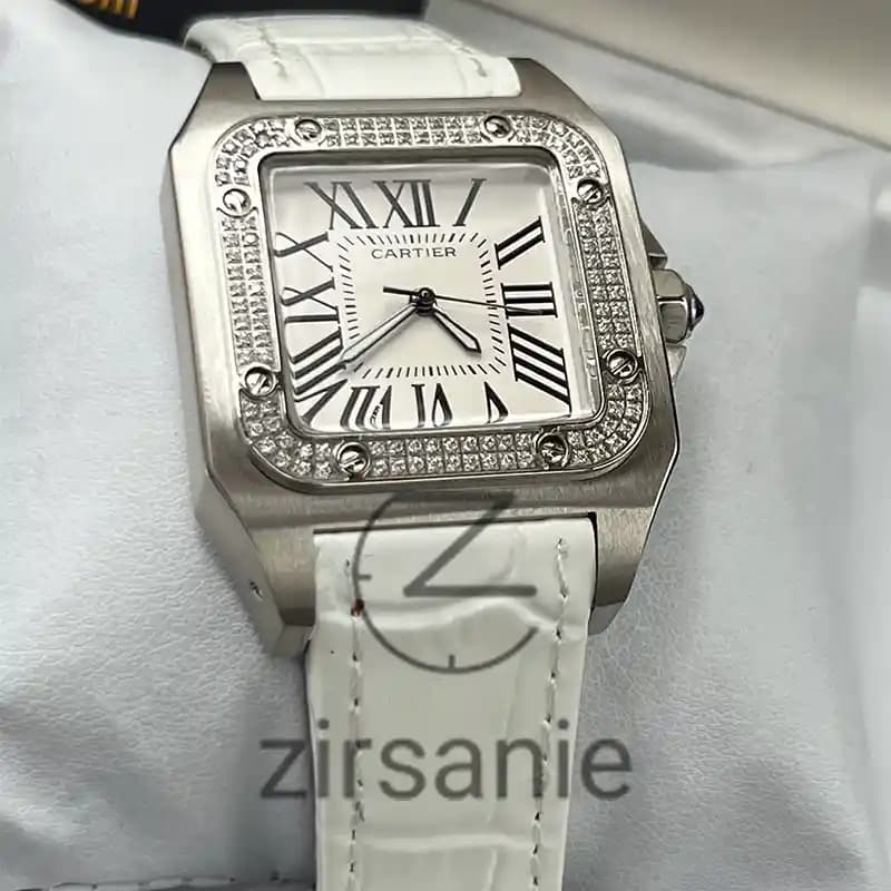 ساعت مچی زنانه کارتیر سانتوز بند چرم سیلور سفید Cartier Santoz Leather Strap Silver White — تصویر ۵