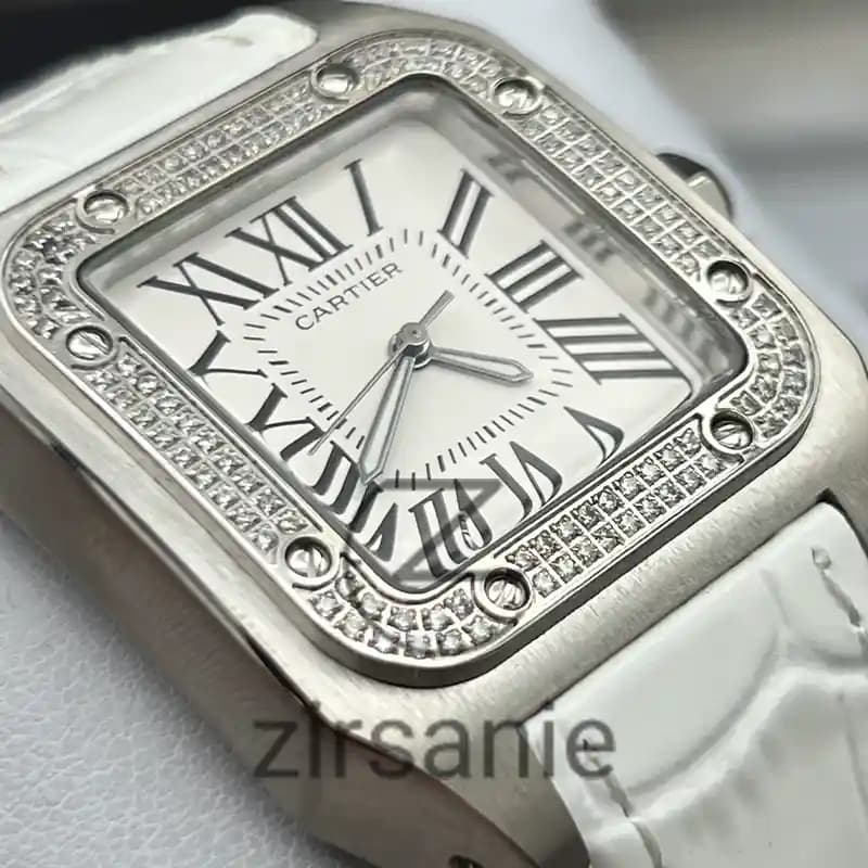 ساعت مچی زنانه کارتیر سانتوز بند چرم سیلور سفید Cartier Santoz Leather Strap Silver White — تصویر ۷