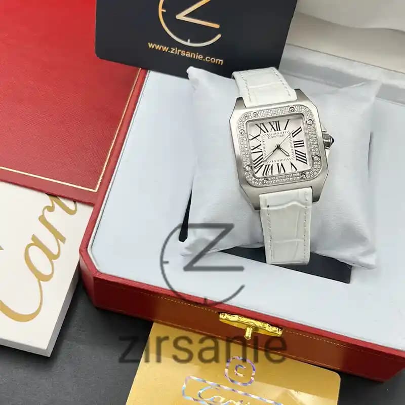 ساعت مچی زنانه کارتیر سانتوز بند چرم سیلور سفید Cartier Santoz Leather Strap Silver White — تصویر ۳