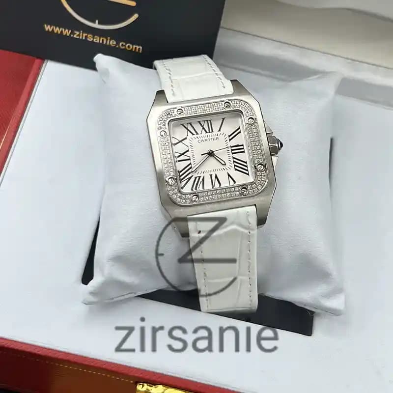 ساعت مچی زنانه کارتیر سانتوز بند چرم سیلور سفید Cartier Santoz Leather Strap Silver White — تصویر ۴