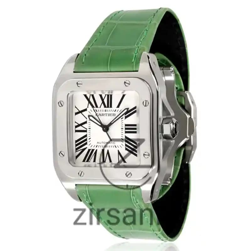 ساعت مچی زنانه کارتیر سانتوز بند چرم سیلور سبز Cartier Santoz Leather Strap Silver Green