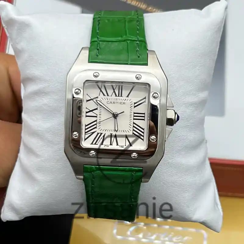 ساعت مچی زنانه کارتیر سانتوز بند چرم سیلور سبز Cartier Santoz Leather Strap Silver Green — تصویر ۸