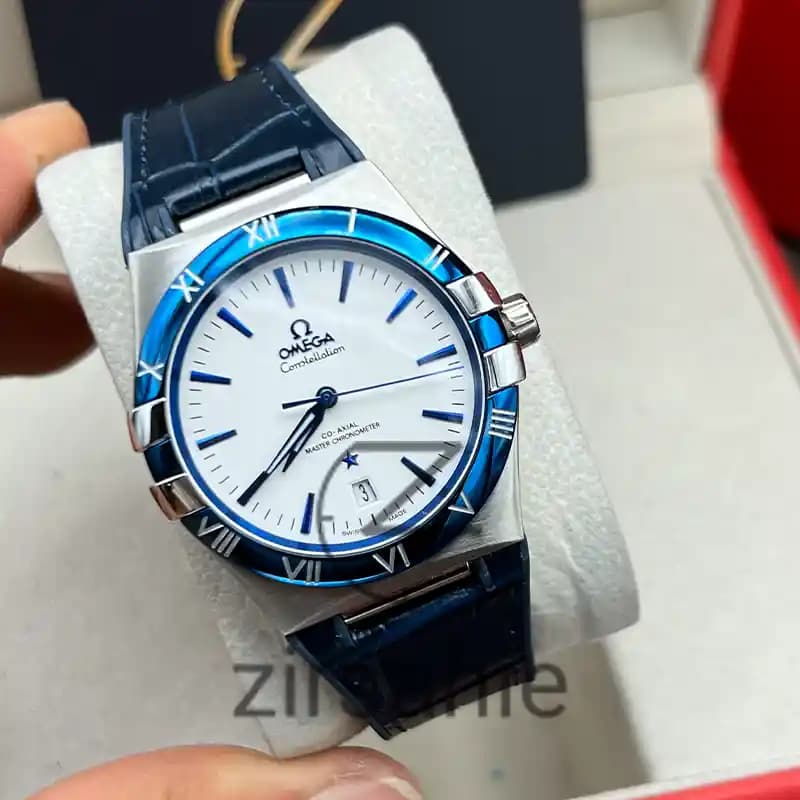 ساعت مچی مردانه امگا کانسلیشن اتوماتیک بند چرم سیلور‌ سرمه‌ای صفحه سفید Omega Consitlition Automatic Leather Strap Silver Navy White Screen — تصویر ۶
