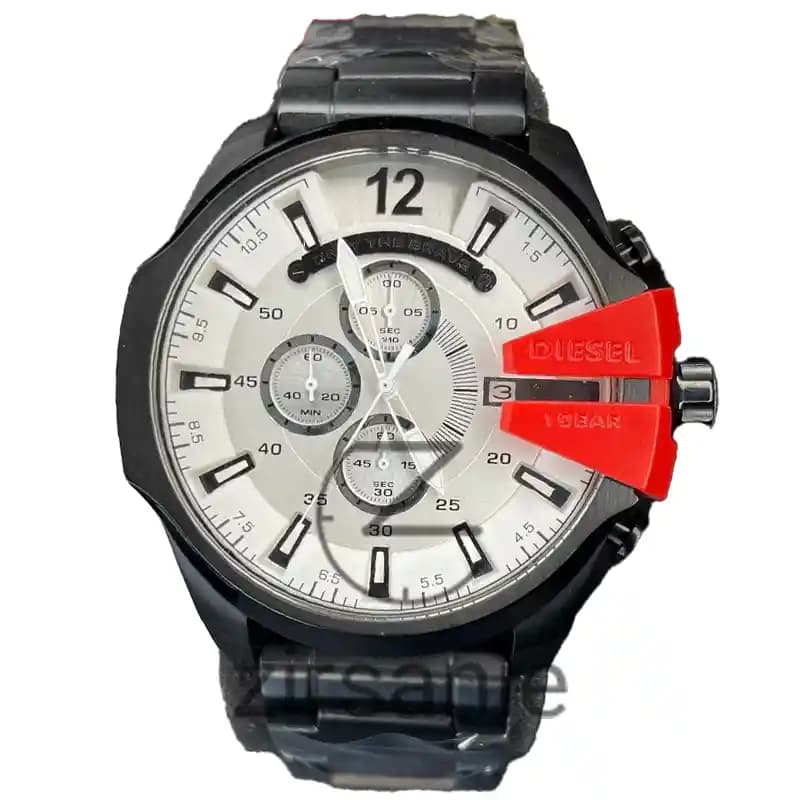 ساعت مچی مردانه دیزل شاخدار (مگا شیف) فول مشکی صفحه سفید شاخ قرمز Diesel Mega Chief Full Black White Screen Red Horn