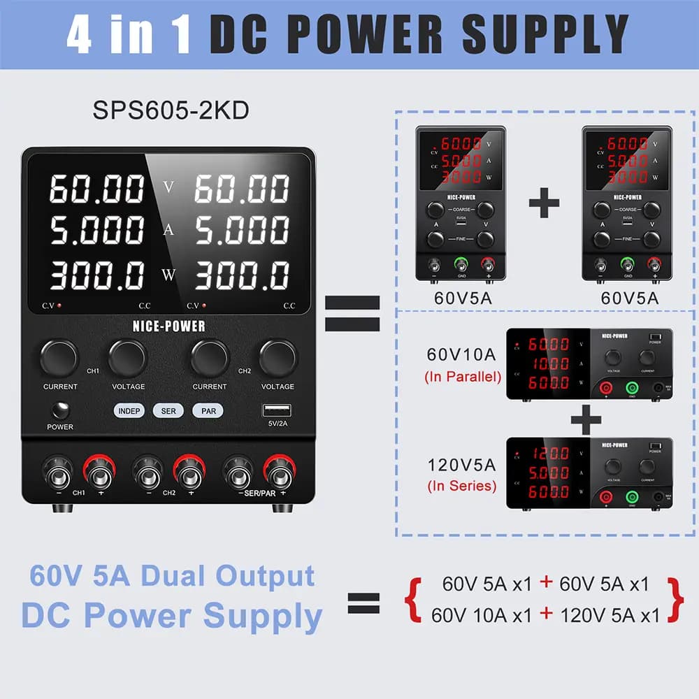 منبع تغذیه دوبل 60 ولت 5 آمپر مدل Nice-Power SPS605-2KD — تصویر ۳