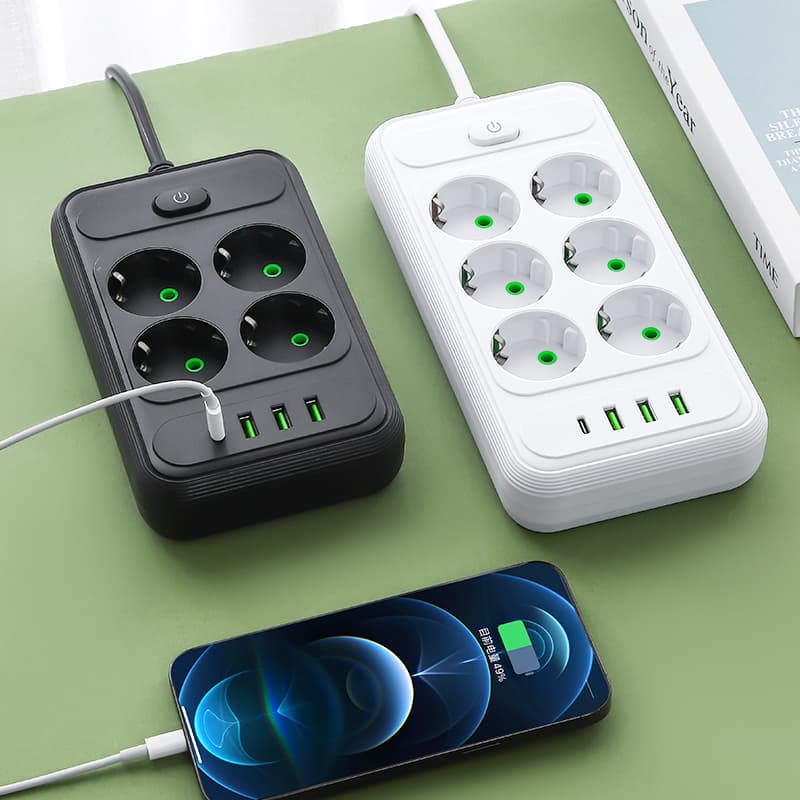 شش راهی برق یونیورسال با 3 خروجی USB و تایپ سی (سفید) مدل T206 — تصویر ۵