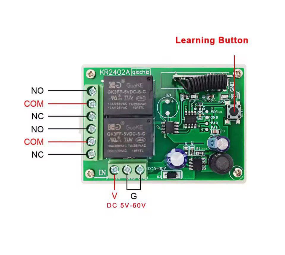 ریموت کنترل کد لرن بی سیم یونیورسال 433MHZ گیرنده و فرستنده رله 2 کاناله — تصویر ۵