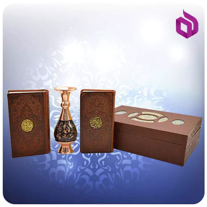 ست قرآن و نهج البلاغه جلد چرم پالتویی به همراه گلدان الماستراش ۱۶ سانتی — تصویر ۸