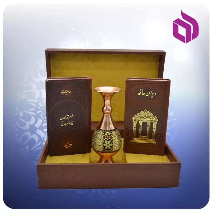 حافظ و خيام و باباطاهر پالتويی چرم با گلدان خاتم 16 سانتی
