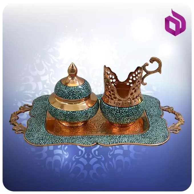 سرویس چایخوری مس و فیروزه کوب تک نفره شمائی