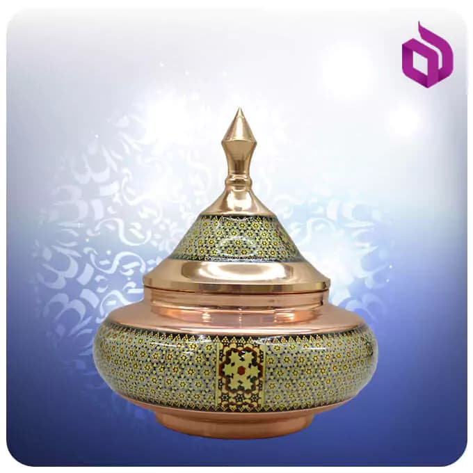 قندان سفینه مس و خاتم کاری شالدار متوسط