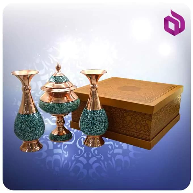 شکلات خوری دخل ۲۸ سانت و جفت گلدان شمائی ۲۵ سانتی با جعبه چرمی — تصویر ۴
