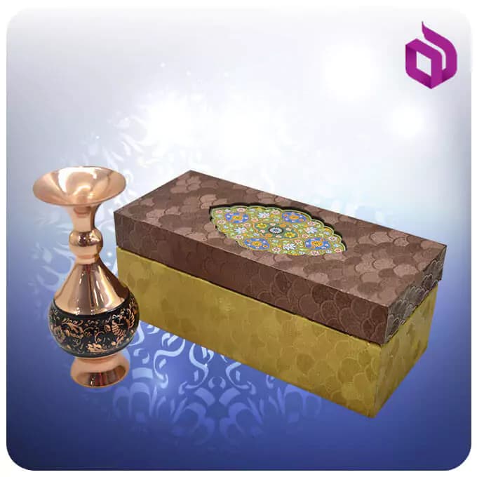 گلدان مس و الماس‌تراش طرح تنه گرد ۱۳ سانتی با جعبه گالینگور MDF