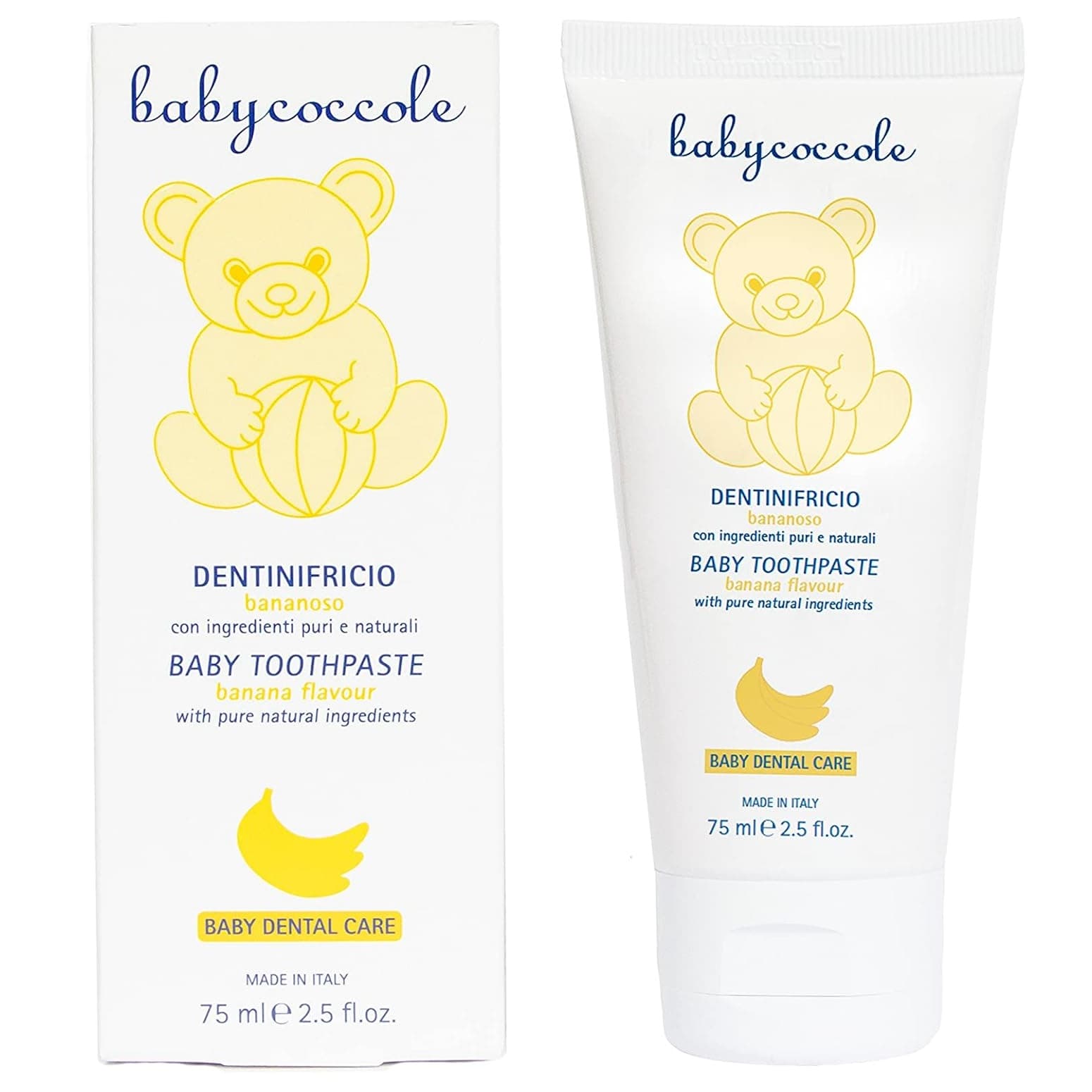خمیردندان کودک بیبی‌کوکول Babycoccole با طعم طبیعی موز مناسب 0 تا 6 سال حاوی فلوراید، کلسیم و ویتامین‌ها حجم 75 میل