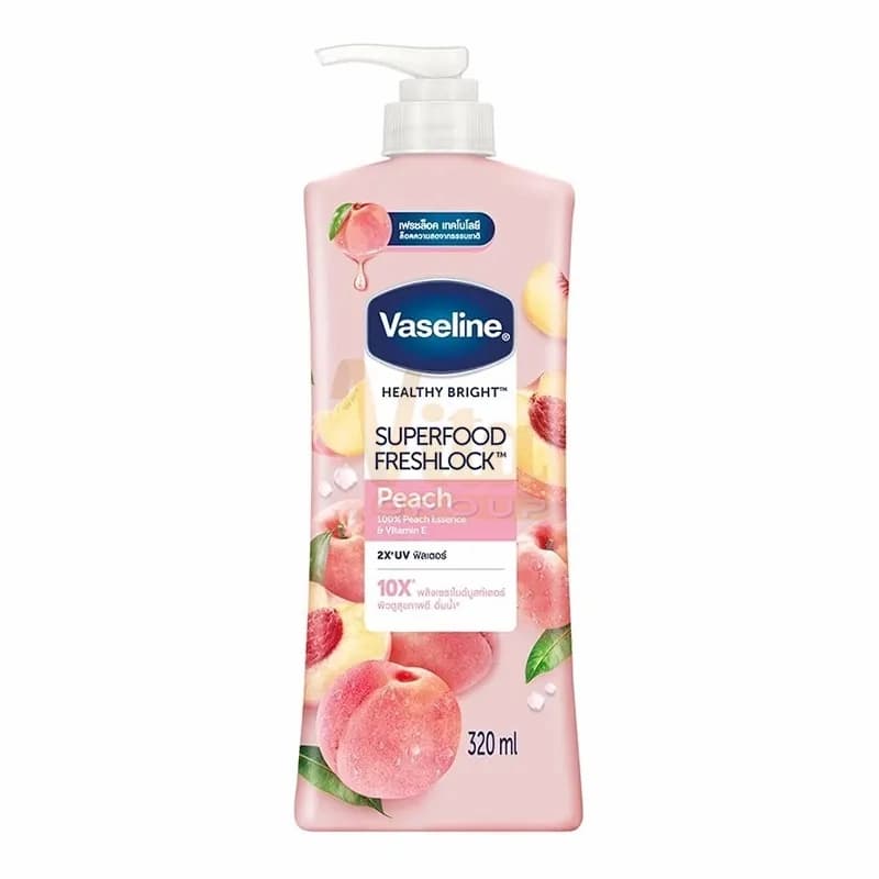 لوسیون بدن آبرسان و روشن‌کننده عصاره هلو و ویتامین‌های B3 و C وازلین Vaseline Superfood Freshlock Peach حجم 320 میل — تصویر ۵