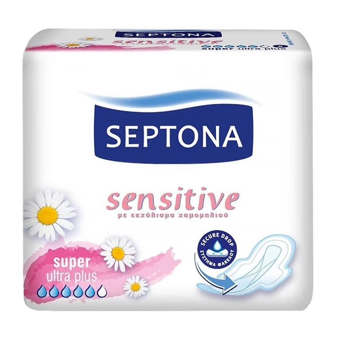 نوار بهداشتی باله‌دار سپتونا مناسب پوست حساس Septona حاوی عصاره بابونه بسته 8 عددی