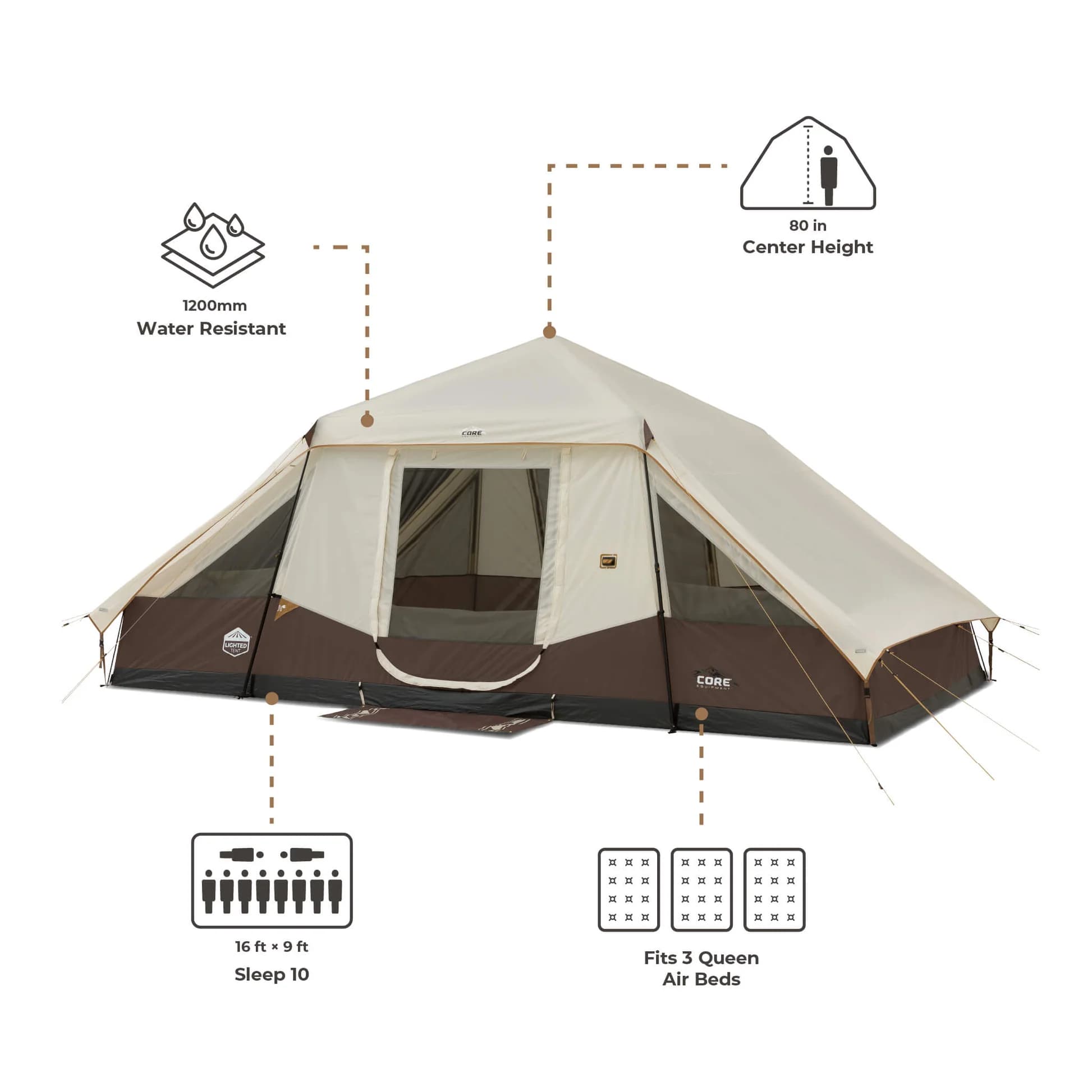 چادر اتومات کر سرخپوستی – 10 نفره کمپینگ چراغ دار Core 10 Person Lighted Instant Pyramid Tent — تصویر ۴