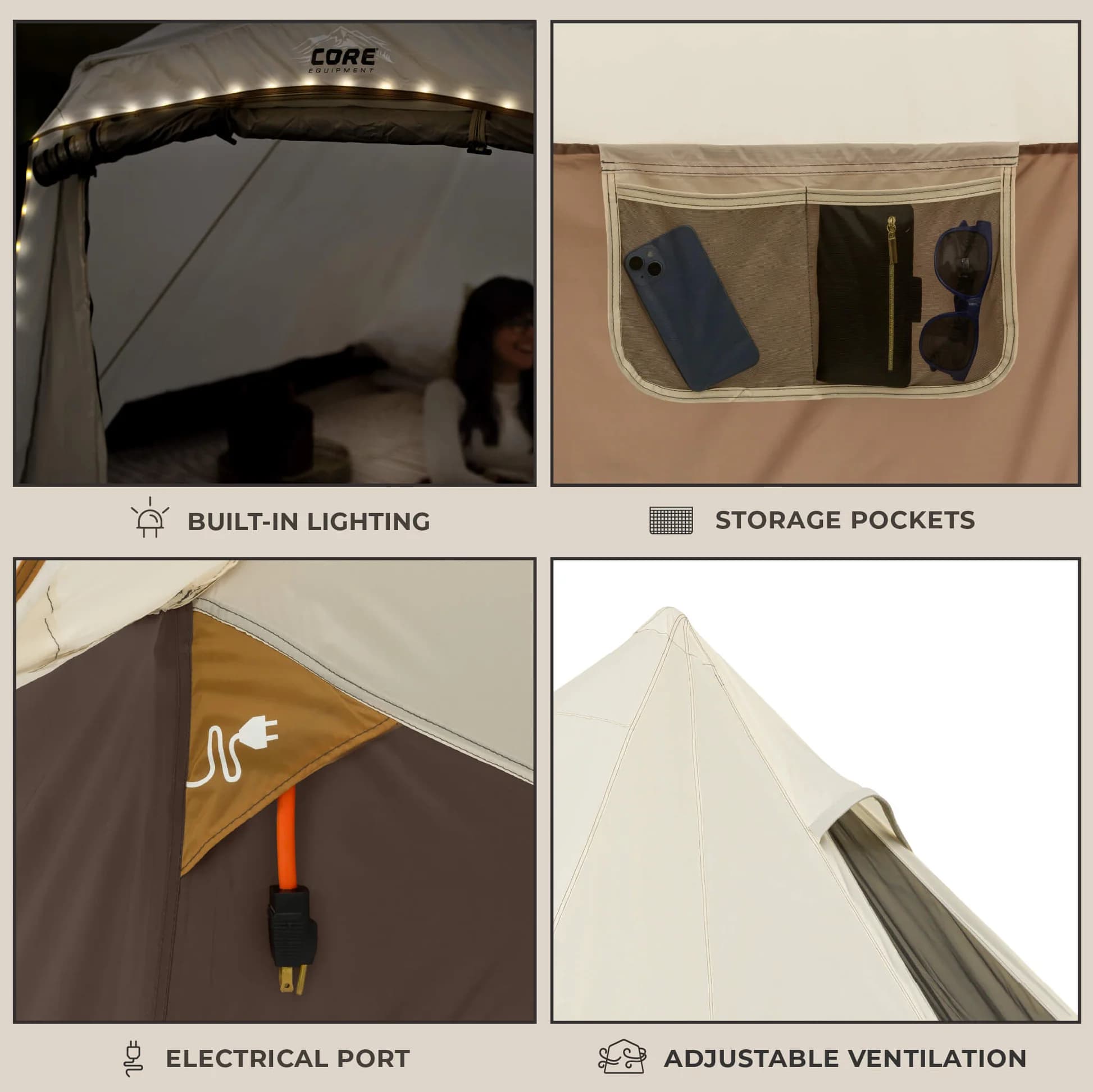 چادر سرخپوستی کر – 6 نفره کمپینگ چراغ دار Core 6 Person Lighted Bell Tent — تصویر ۵