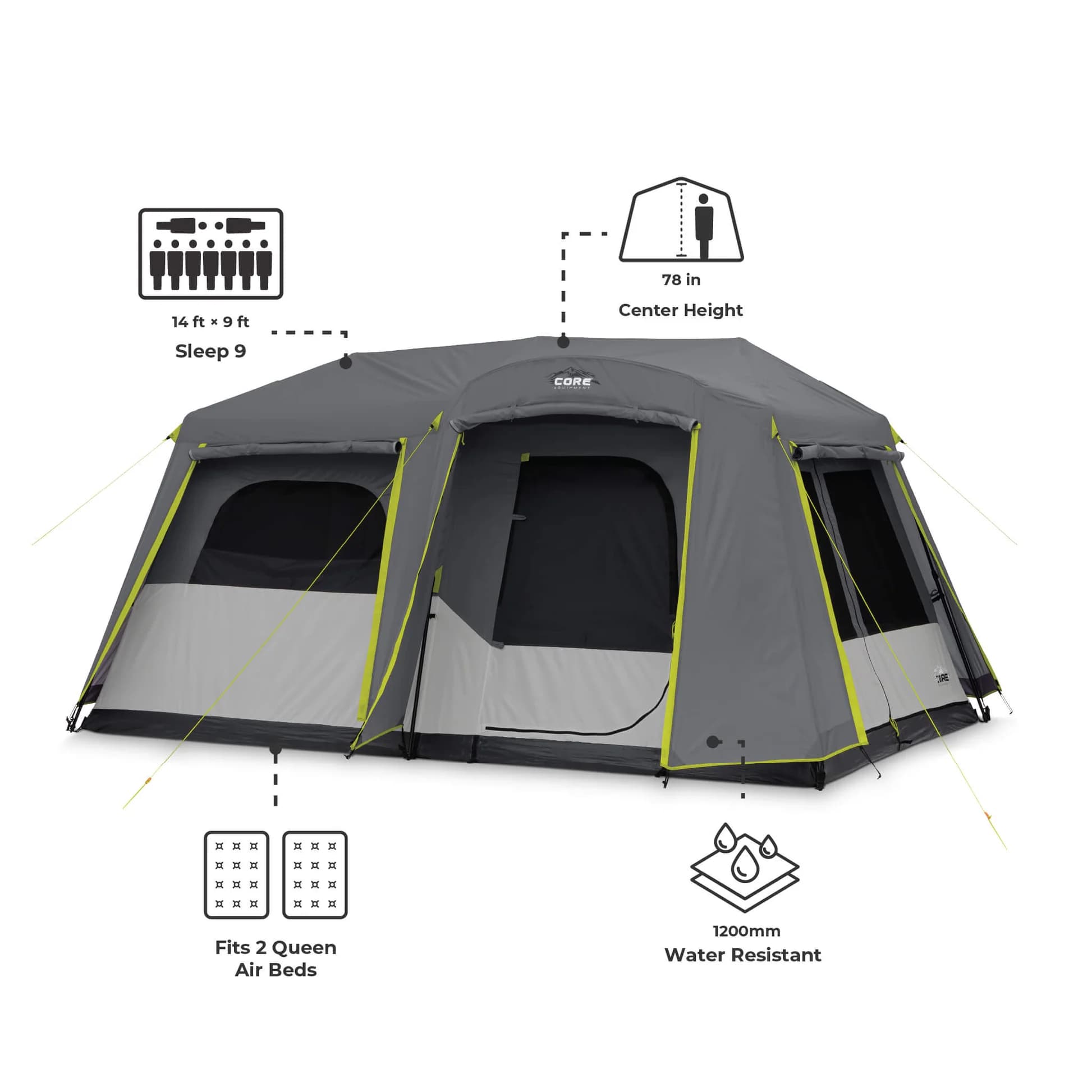 چادر اتومات کر – 9 نفره کمپینگ دو پوش Core 9 Person Instant Cabin Tent with Full Rainfly — تصویر ۱۲