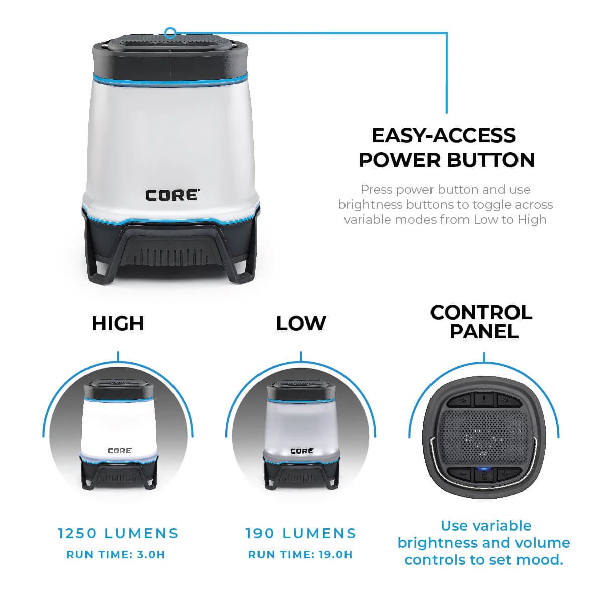 چراغ کمپینگ شارژی کر – 1250 لومن با اسپیکر بلوتوث Core 1250 Lumen Rechargeable Lantern with Bluetooth Speaker — تصویر ۱۱