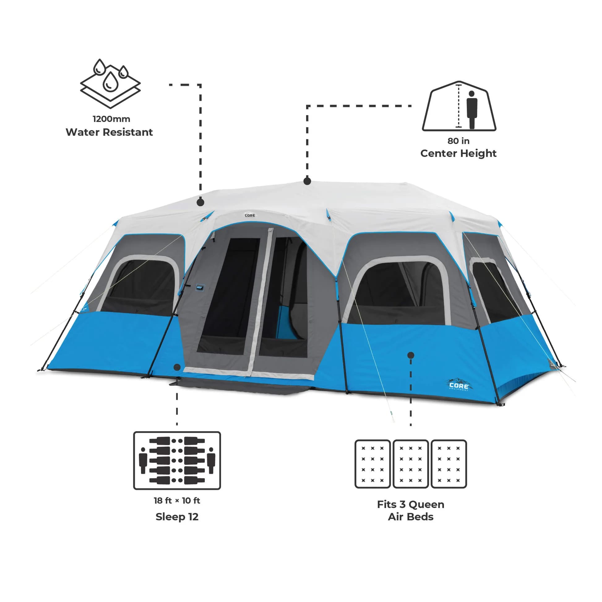 چادر اتومات کر – 12 نفره کمپینگ چراغ دار Core 12 Person Lighted Instant Cabin Tent — تصویر ۳