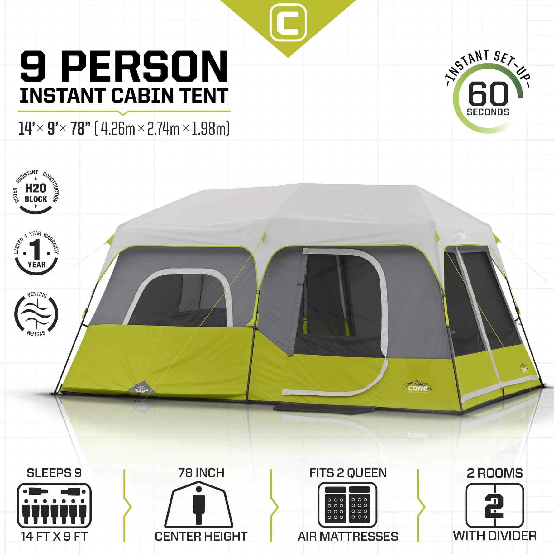 چادر کر اتومات – 9 نفره کمپینگ Core 9 Person Instant Cabin Tent — تصویر ۱۱