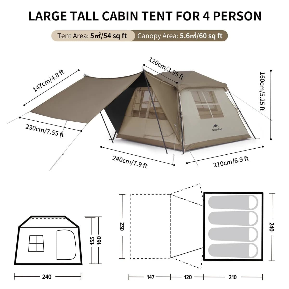 چادر نیچرهایک اتومات – 4 نفره کمپینگ Naturehike Village 5.0 4-Person Instant Tent — تصویر ۱۲