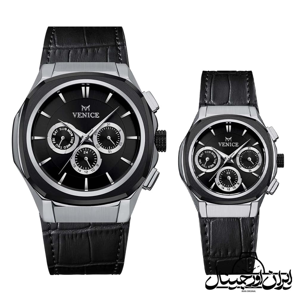 ساعت ونیز چرمی سه موتوره ست Venice Full Date Couple Watch 80157-5