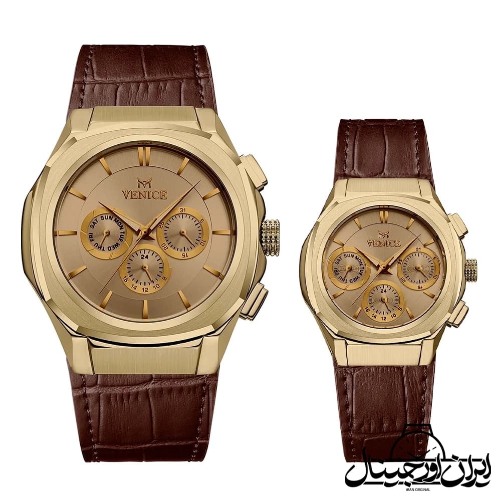 ساعت مچی ست ونیز چرمی سه موتوره Venice Full Date Couple Watch 80157-4 — تصویر ۲