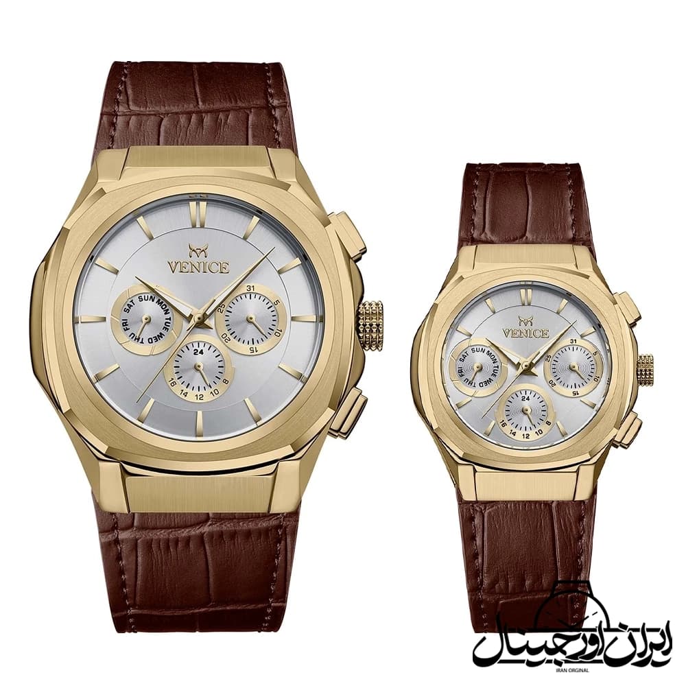 ساعت ست ونیز فول دیت چرمی Venice Full Date Couple Watch 80157-3 — تصویر ۲
