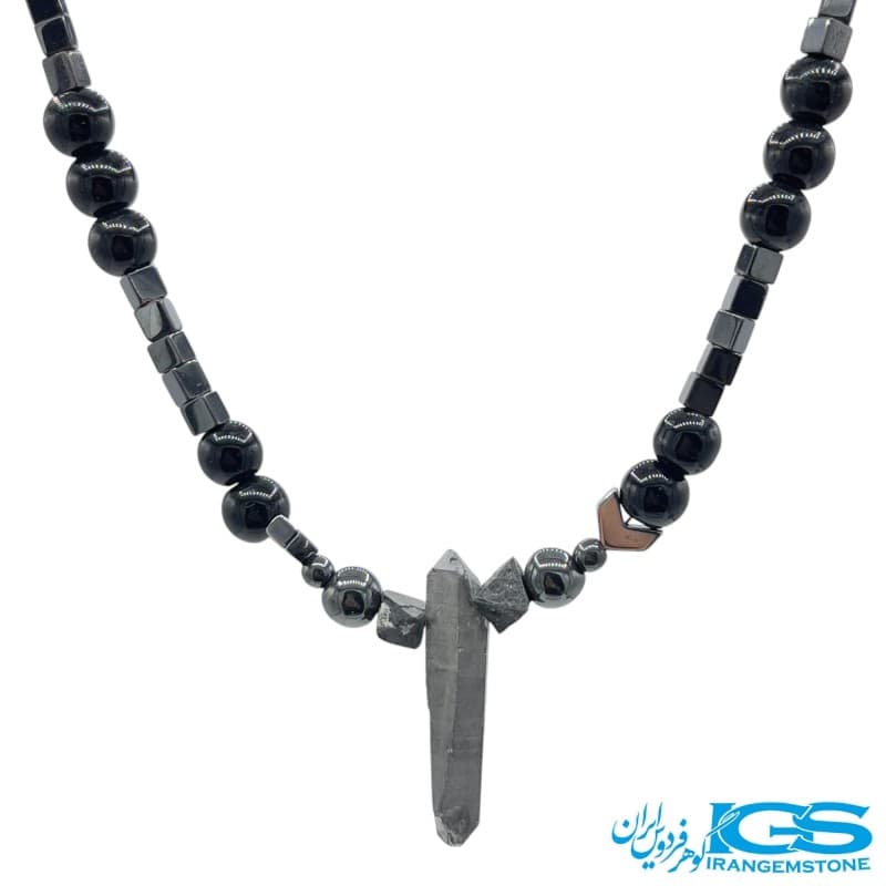 گردنبند سنگ کریستال کوارتز کروم و سنگ اونیکس و حدید