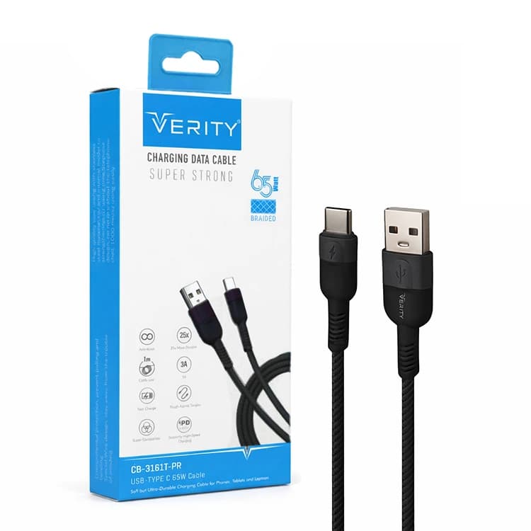 کابل دیتا و شارژ Type-C VERITY مدل 3161 مشکی — تصویر ۲