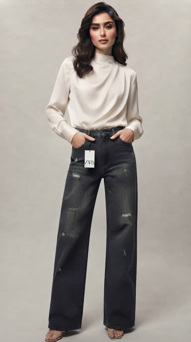 شلوار جین نیم بگ زنانه ZARA | کد BSA-002 | رنگ طوسی تینت فسفری