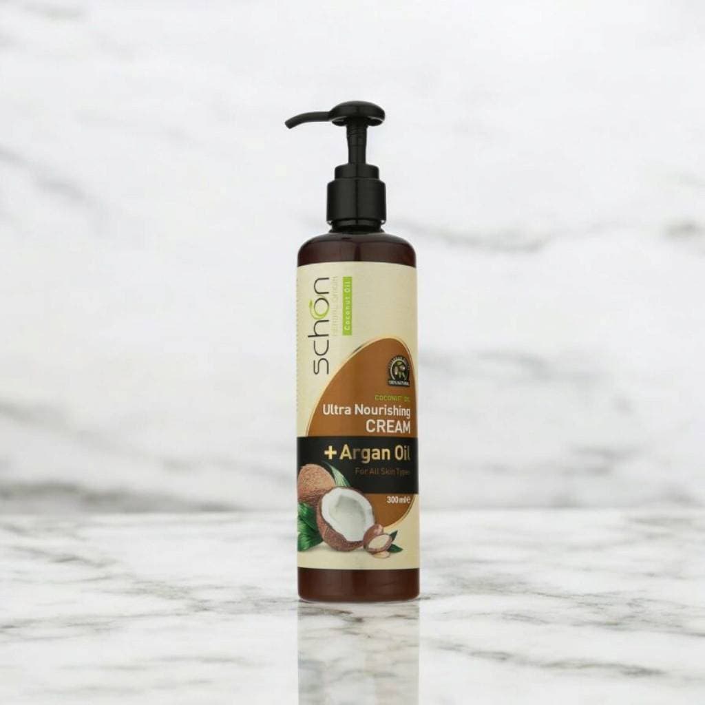 کرم نرم و مرطوب کننده پمپی نارگیل و آرگان شون schon مدل Coconut Oil حجم 300 میل — تصویر ۲