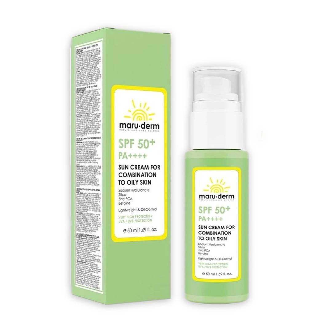 کرم ضد آفتاب مارودرمmaruderm با SPF50 مناسب پوست مختلط تا چرب مدل Combination To Oily Skin پوکه سبز حجم 50 میل
