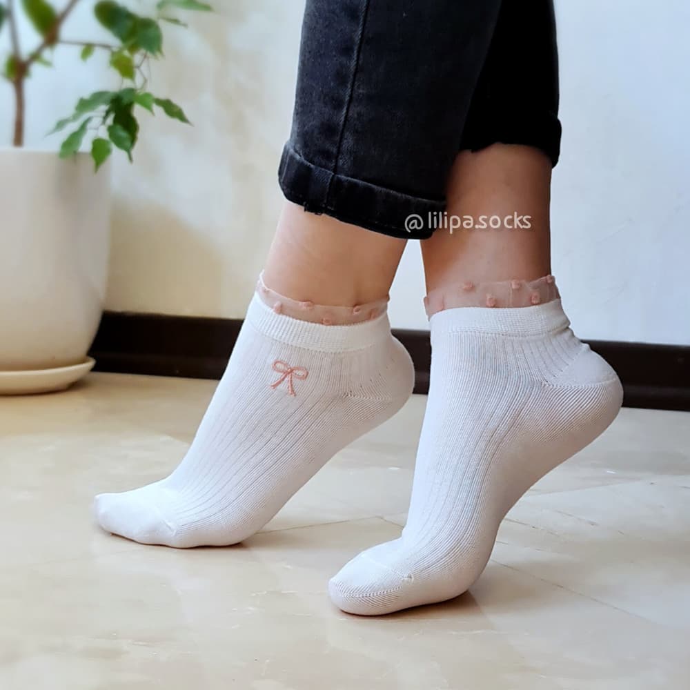 جوراب مچی لب حریر گلدوزی سیاه و سفید زنانه – تکی و پک ۴تایی — تصویر ۱۲
