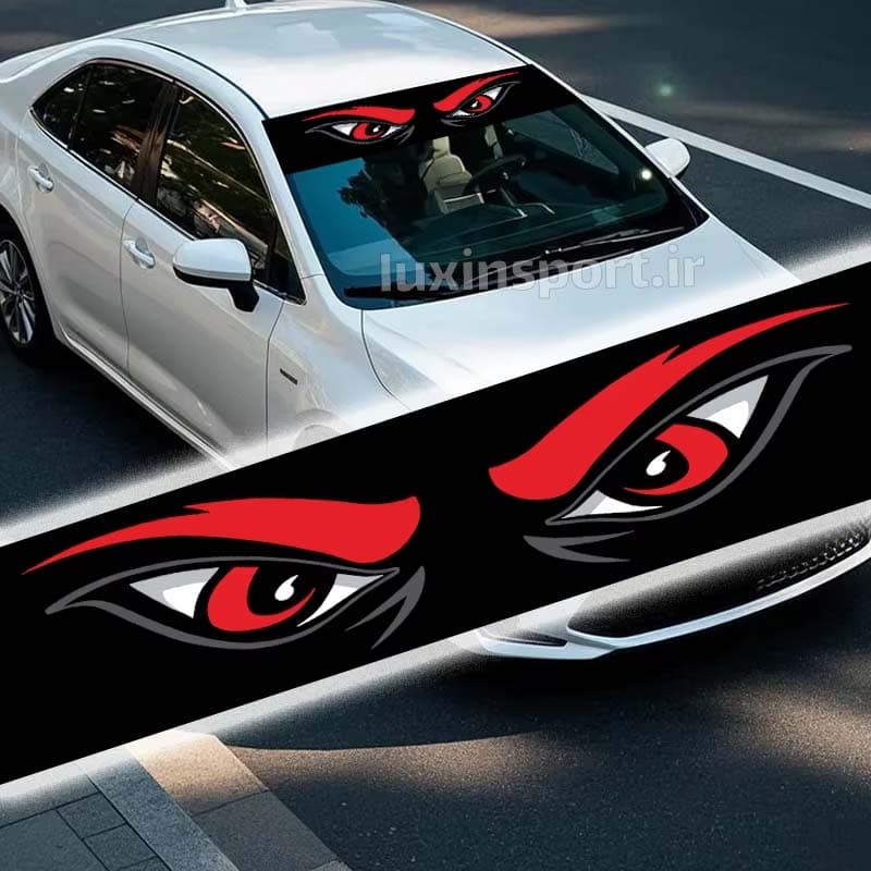 برچسب آفتابگیر شیشه جلو خودرو طرح چشم خشن – مشکی قرمز نقره‌ای – 120*23 سانت