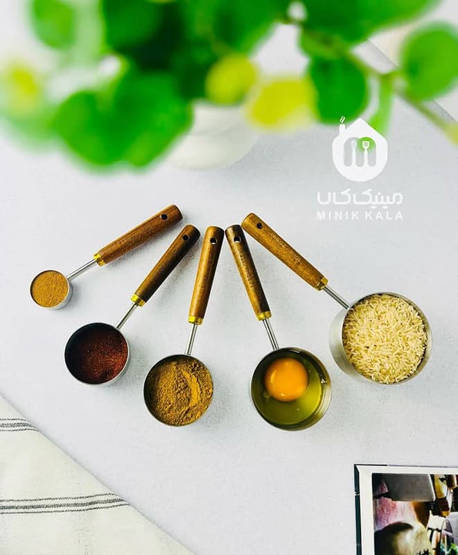 پیمانه استیل ۳۰۴ دسته بامبو |شنگیا مخصوص آشپزی و شیرینی‌پزی