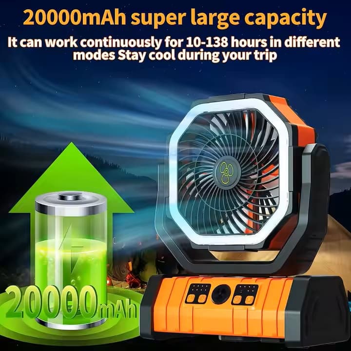 پنکه شارژی کمپینگ مدل F6 با چراغ LED و کنترل از راه دور | ظرفیت باتری 20000mAh — تصویر ۷