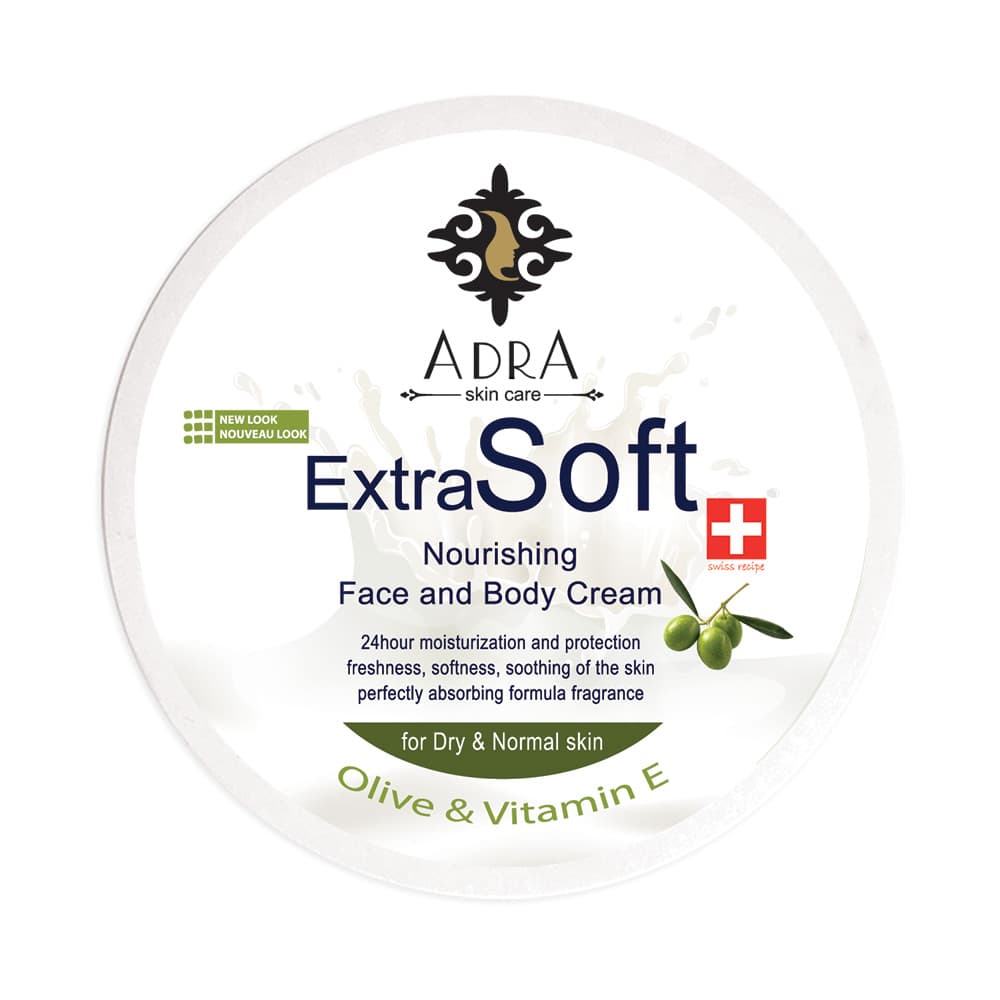 کرم مرطوب کننده و ترمیم کننده صورت و بدن آکسترا سافت Extra Soft آدرا عصاره زیتون ۲۰۰ میلی لیتر | ADRA Extra Soft Olive Oil Face & Body Cream 200 ml