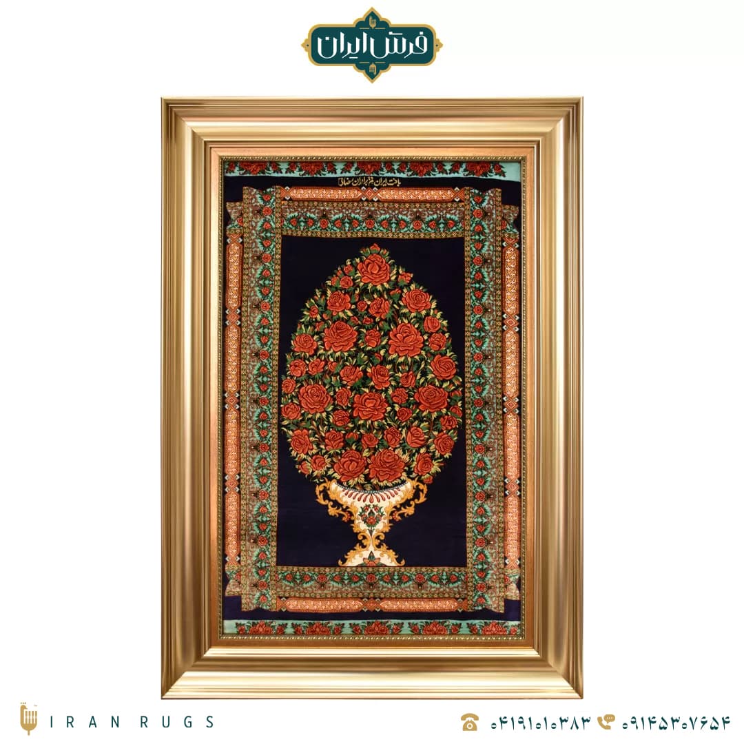 خرید تابلو فرش دستباف طرح گلدان گل رز