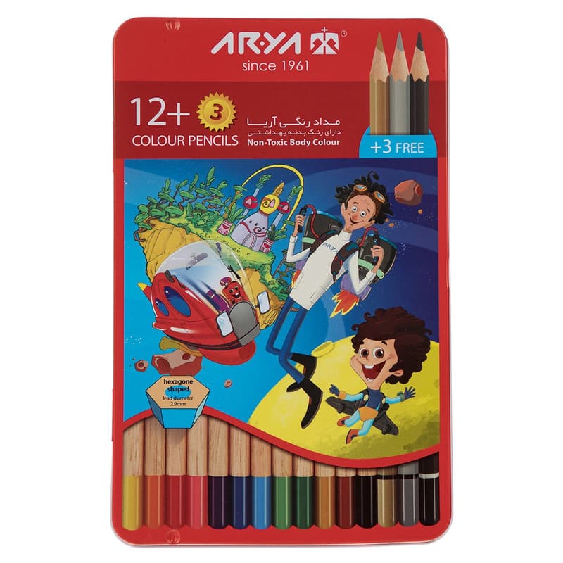 Arya آریا مداد رنگی 3+12 رنگ فلزی 3021 — تصویر ۵