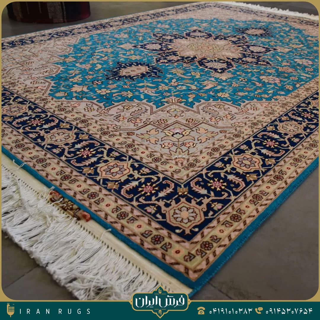 خرید فرش دستباف 3 متری طرح نقش هریس آبی و پیازی — تصویر ۵