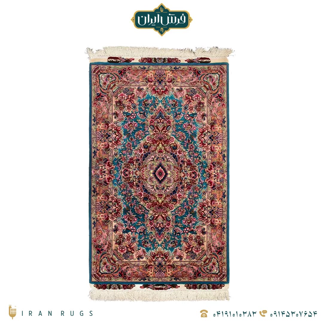 خرید فرش دستباف 1.5 متری طرح خطیبی لچک گلدان کرمی و آبی — تصویر ۵