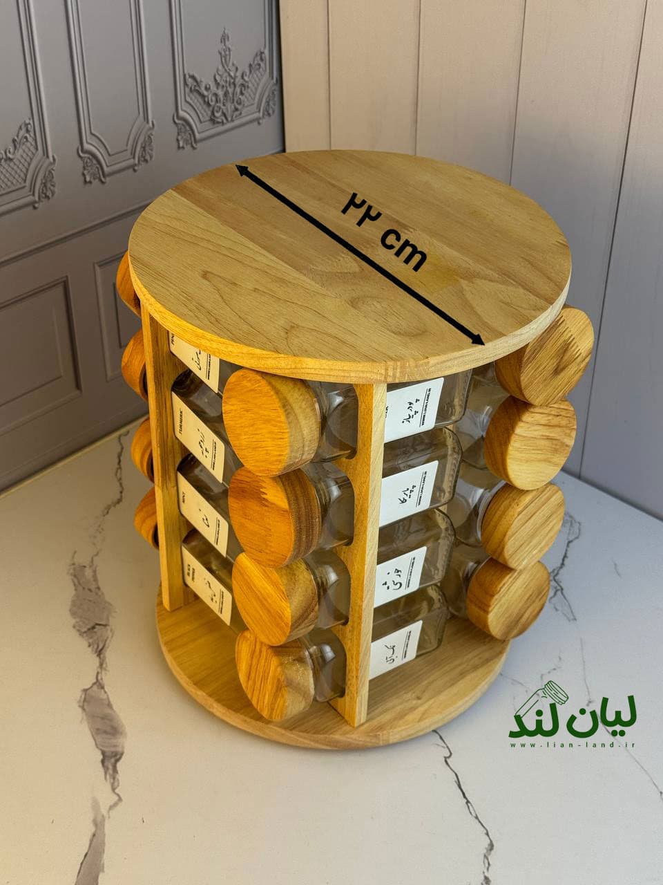 پک کامل استند چوبی 16 تایی گردان رابروود + 16 عدد شیشه مک کارتی با درب چوبی + 16 عدد لیبل (چاپ سفارشی با هر اسمی که شما خواسته باشید) + 16 عدد سری نمک پاش