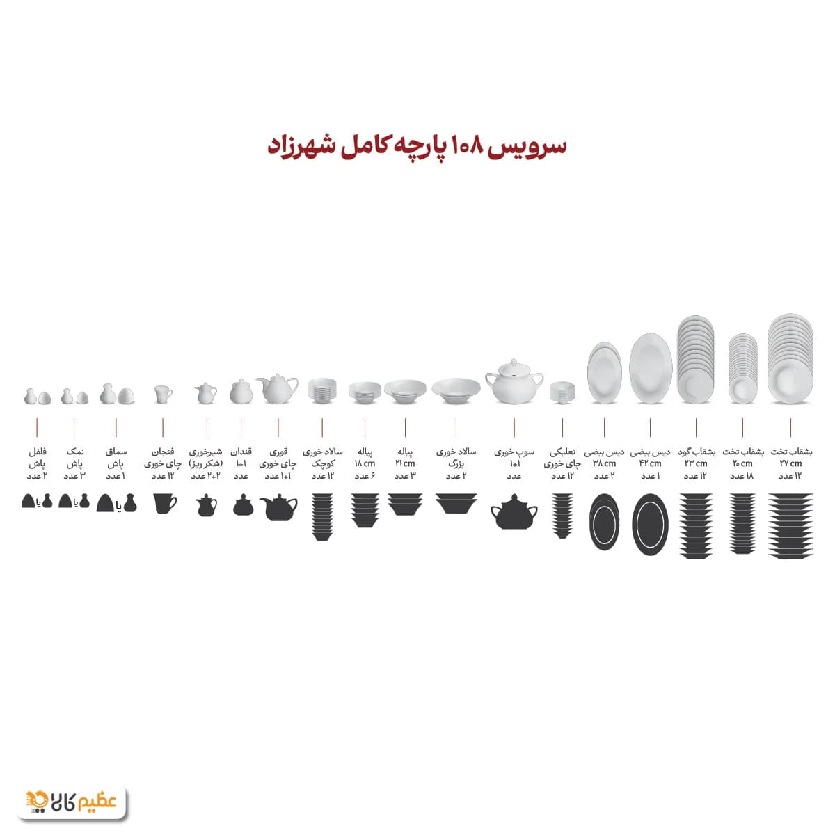 سرویس چینی 108 پارچه کامل زرین وایت رز — تصویر ۱۲